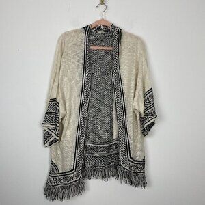Ellison Woman’s Black Cream Fringe Knit Short Sleeve Cardigan Geometric One Size